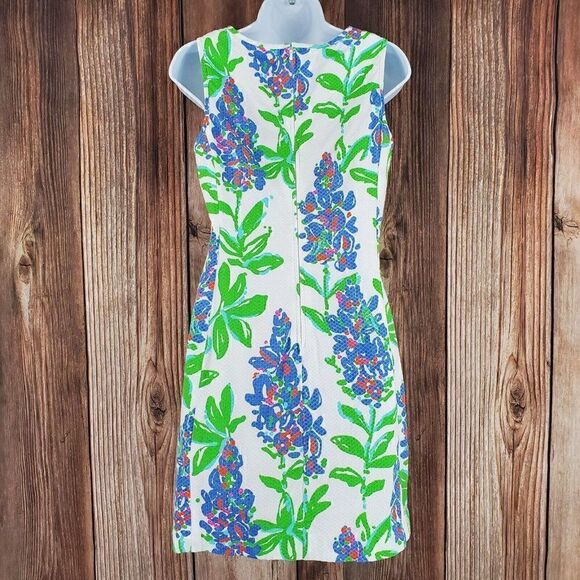 𝅺Lilly Pulitzer Ricci Shift Dress Womens 6 Fresh Cut Blue Bonnets Lattice Front - Picture 4 of 12